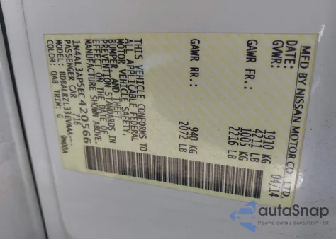 2014 Nissan Altima 2.5/2.5 S/2.5 Sl/2.5 Sv из США, поврежденный, VIN 1N4AL3AP5EC420566